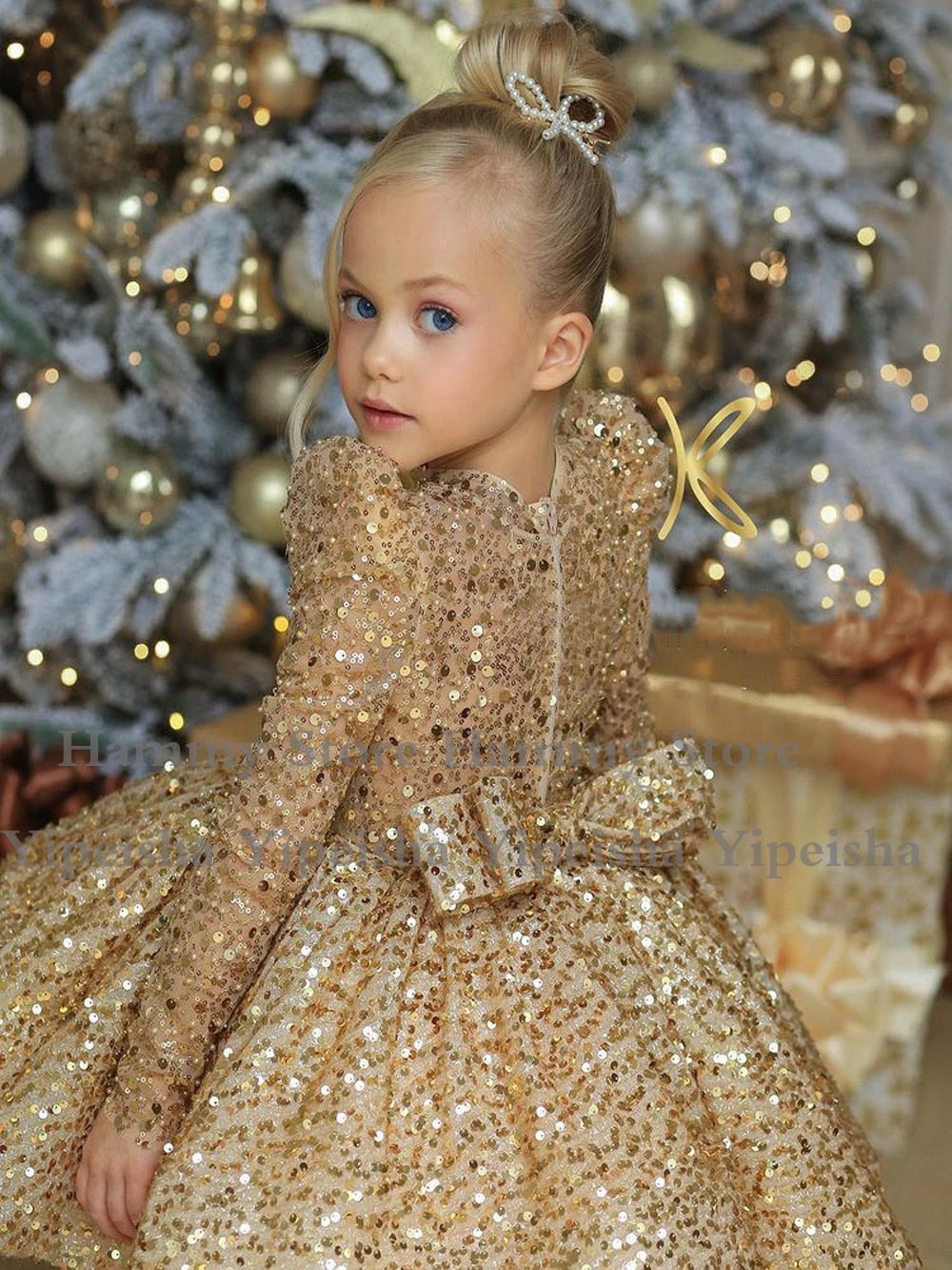golden dress for girls Flower Girl Dress Communion Dresses Kids Evening Ball Gown Gold Applique