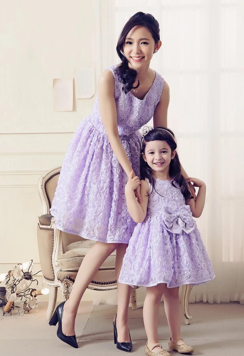 Purple Same Dresses Mother Daughter Hundred Flowers Mother